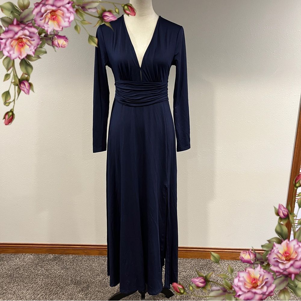 Elegant Navy Blue long sleeve Maxi Dress size small